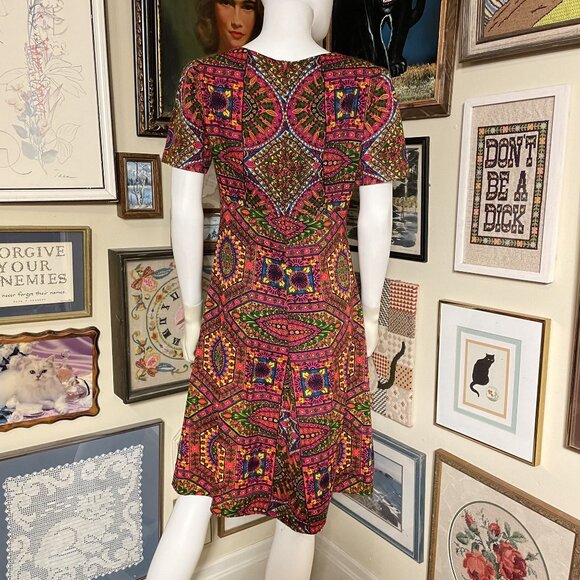 70s Vintage Neon Geometric Prychedelic Scoop Neck Short-Sleeve Dress Size L - Picture 5 of 6